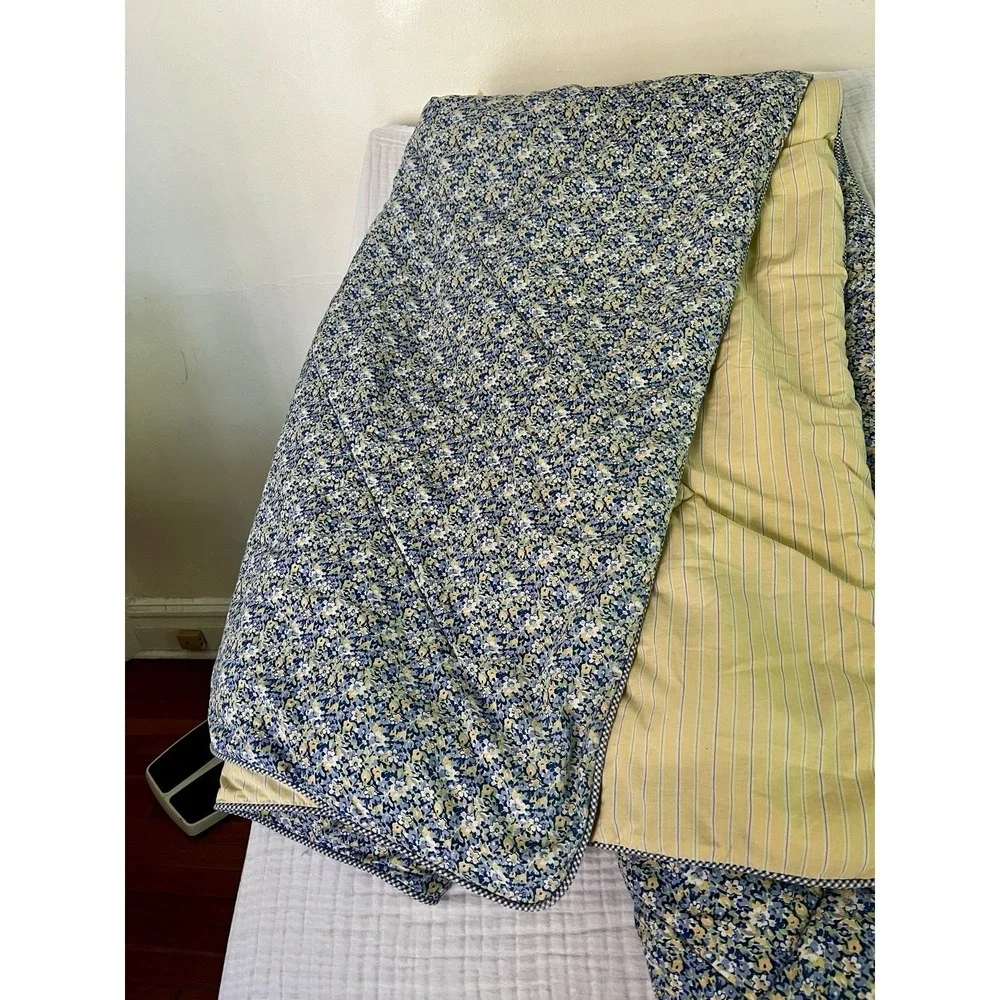 Vtg Tommy Hilfiger Elizabeth Anne Queen Comforter Blue Yellow Floral Striped Rev